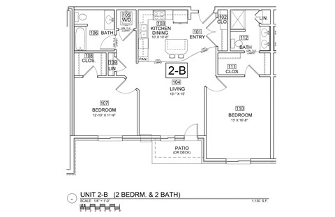 Floor plan for 2 beds, 1 bath, 1284 sqft